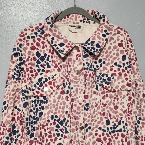 SAVANNA JANE Shacket Womens Plus 1X Pink Blue Animal Print Corduroy Button Up - Picture 3 of 12